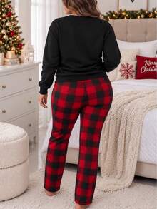 Set 2 piezas  / Conjunto de pijama con sudadera hoodie de manga larga  con estampado a cuadros y pantalón largo de dormir a cuadros con bolsillos para mujer navidad reno temporal invierno - Negro - Ver 2
