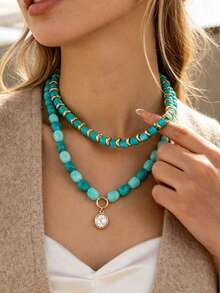 OABE 2pcs/Set Bohemian Style Asymmetrical Handmade Beaded Necklace With Oval Faux Gemstone Pendant, Suitable For Women's Daily Wear, Random Bead Color And Shape - Multicolor - View 8