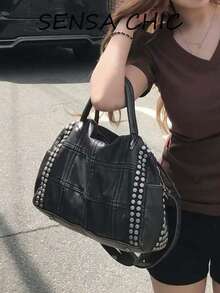 Silver Round Rivet Full Decor Stitching Plaid Patchwork Double Leather Handle Detachable Wide Strap Handheld Crossbody 2-In-1 Punk Motorcycle Style Women's Distressed Commute Streetwear Personalized Cool Handbag - Black - View 1