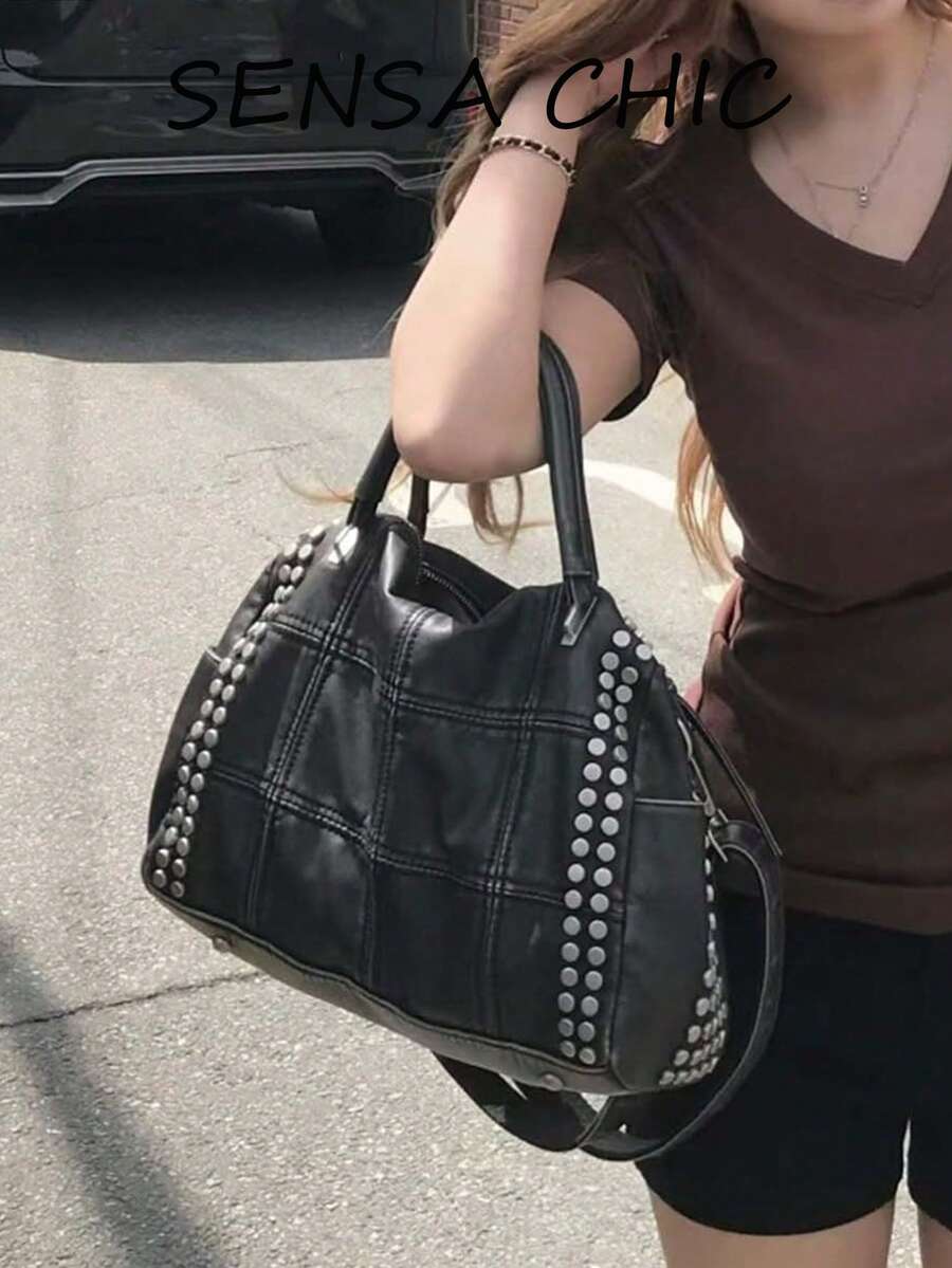 Silver Round Rivet Full Decor Stitching Plaid Patchwork Double Leather Handle Detachable Wide Strap Handheld Crossbody 2-In-1 Punk Motorcycle Style Women's Distressed Commute Streetwear Personalized Cool Handbag - Black - View 1