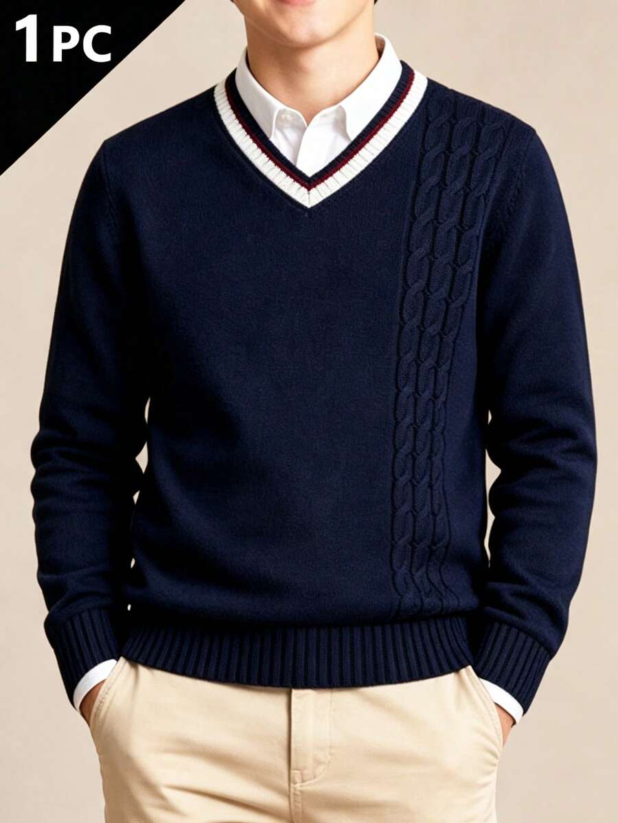 Unisex Kids Navy Blue Classic Versatile Long Sleeve Sweater, Suitable For Back To School Season And Layering - Navy Blue - View 1