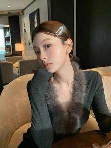 Women's Fur Collar Fitted Base Layer Top, Chic Early Autumn Slim Fit Innerwear, Autumn/Winter Blouse - Dark Grey - View 5