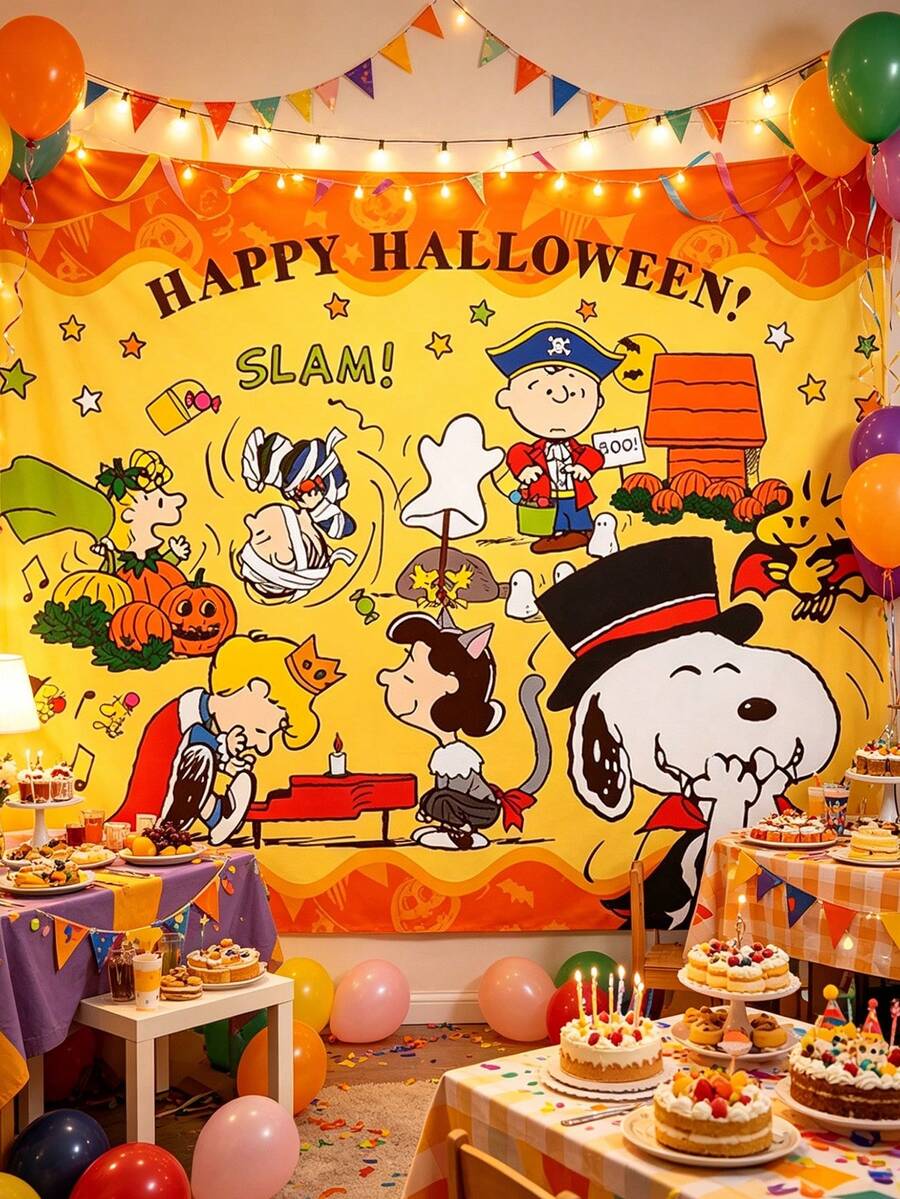 MASSDI Halloween Party Backdrop, Bright Yellow & Friends Halloween Costume Photo Banner, Decorative Background For Halloween Party & Photography - Cartoon - View 1