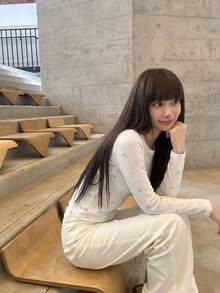 甜美女孩休閒提花兔子蝴蝶結印花女款亨利領長袖上衣，秋季 - 米白色 - 查看 4