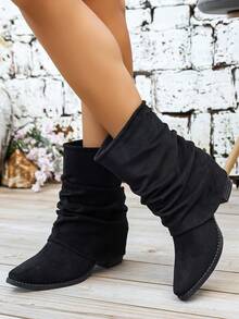 1 Pair Women's Autumn/Winter Ruched Mid-Calf Boots, Vintage Chunky Heel Fashion Boots - Black - View 5