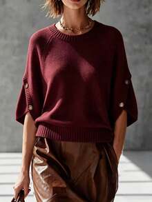 Women's Casual Autumn/Winter Solid Beige Round Neck Batwing Sleeve Knit Top, Button Design Pullover Sweater, Suitable For Daily Office Commute - Burgundy - View 1