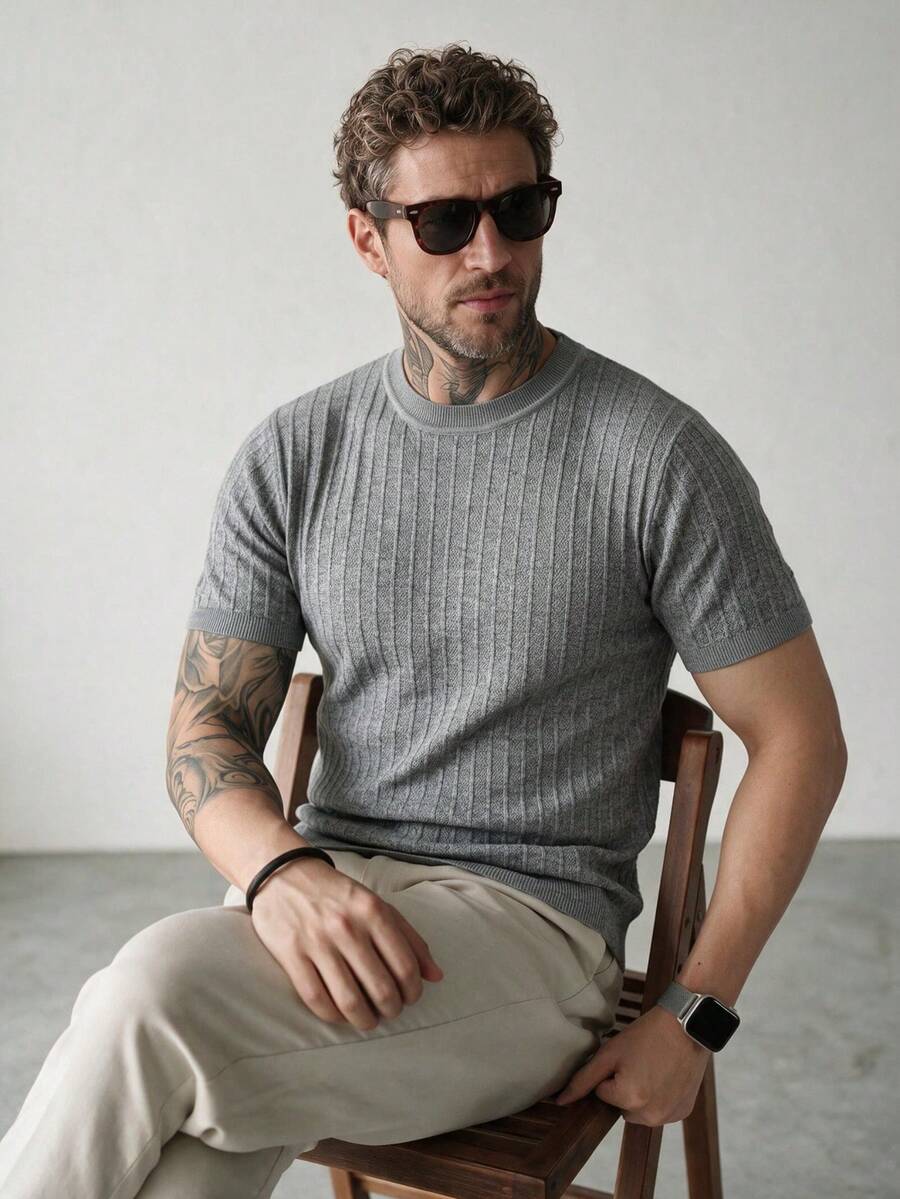 Camiseta de manga corta de punto de unicolor con textura para hombres, jersey de cuello redondo de estilo retro casual de negocios para el verano