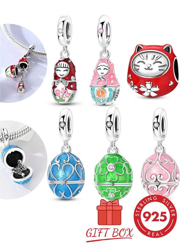 1pc S925 Sterling Silver Fun Egg Pendant Bead, Matryoshka, Lucky Cat, Hollow Heart Flower Multiple Colorful Glaze Designs, Exquisite 3D Embossed, Comes With Gift Box, Suitable For Bracelets And Necklaces, Vintage Cute Style, Meets Handmade DIY Jewelry Making And Gifting Needs