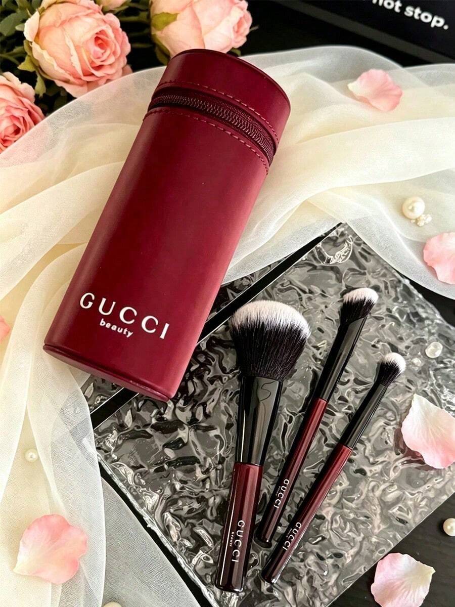 Portable Makeup Brush Set With Zipper Pouch Powder Blush Eyeshadow Cosmetic Brushes Gift For Women Gucci Beauty Burgundy Makeup Brush Set - Red - View 1