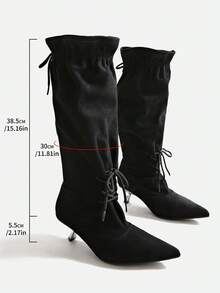 法式部落格風尖頭寬筒及膝靴，北歐風小貓跟女款騎馬靴，INS風格 - 黑色 - 查看 9