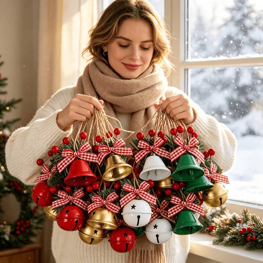1pc Christmas Bell Ornament, Christmas Tree Hanging Decoration With Pine Needles, Berries, Bow And Rope, Vintage Metal Bell Pendant, Suitable For Holiday Party, Gift Box, Door Handle Decoration