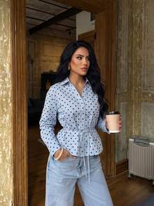 Women's Fashion Elegant Minimalist Commute Retro Colorblock Polka Dot Light Blue Hidden Button Tie Waist Blouse - Light Blue - View 1
