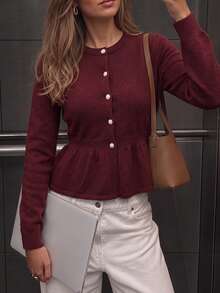 Just Masa Women's Fall Casual Button Up Ruffle Hem Sweater,Solid Color Long Sleeve Round Neck Rib-Knit Top,For Daily Wear,Going Out,Date,Christmas - Dark Red - View 6