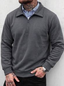 Vintage Solid Color Half-Zip Collar Long Sleeve Sweatshirt Men Loose Casual Daily Commute Long Sleeve Top - Dark Grey - View 3