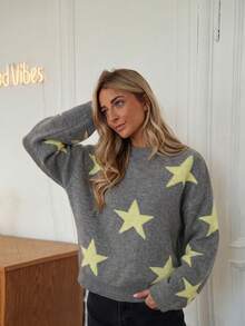 American Casual Style Colorblock Large Star Jacquard Knit Top Women's Loose Long Sleeve Pullover Sweater Round Neck Dropped Shoulder All-Over Pentagram Jacquard Texture Soft Skin-Friendly Breathable Knit Fabric Early Autumn Casual Top - Dark Grey - View 6