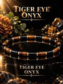 Tiger Eye & Black Agate Tube Bead Bracelet, Symbol Of Wealth, Attracting Prosperity And Opportunity, Handmade Elastic Cord Spiritual Jewelry, Suitable For Daily Wear And Gifting - Multicolor - View 6