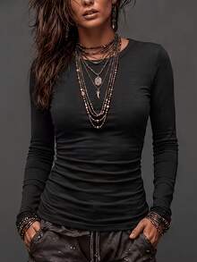 Dernon Women's Warm Thermal Long Sleeve T-Shirt, Slim Fit Top, Black - Black - View 2
