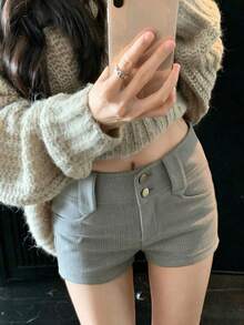 High Waist Double Button Vertical Stripe Elastic Slimming Shorts - Light Grey - View 4