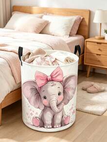 [Cute Elephant Basket] Cute Elephant Laundry Basket,Foldable Round Organizer Box With Sturdy Handle | Pink Bow & Butterfly, Soft Pastel Cartoon Design, Durable Storage Bin For Playroom, Spring Cleaning, Lightweight,For Room ,Bathroom - Multicolor - View 10
