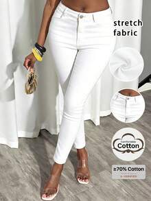 Women's Casual Solid Color Skinny Jeans White Spring Fall - White - View 2