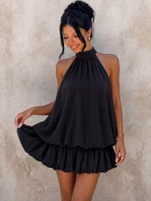 Mono Corto Elegante de Cuello Halter para Mujer, Color Negro Sólido Sin Mangas Estilo Casual Verano - Negro - Ver 6