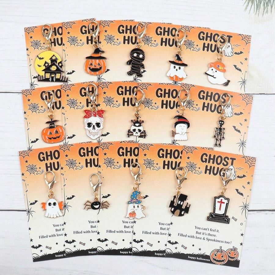 15pcs Halloween Theme Hugging Greeting Card Keychain Set. Cute Ghost/Pumpkin/Mummy/Castle/Tomb/Spider/Skull And Other Various Designs. Suitable For Coin Purse/Backpack/Car Key Chain And Other Accessories. Perfect For Halloween/Holiday Party Gifts. - Multicolor - View 1