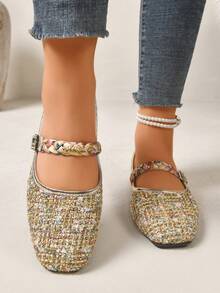 Tweed Woven Strap Mary Jane Square Toe Flat Low Vamp Ballet Shoes Early Spring Commute Skirt Matching - Gold - View 3