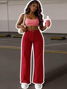Plus Size Red Denim Straight Leg Pants With Pockets Non-Stretch Fabric Casual - Red - View 1