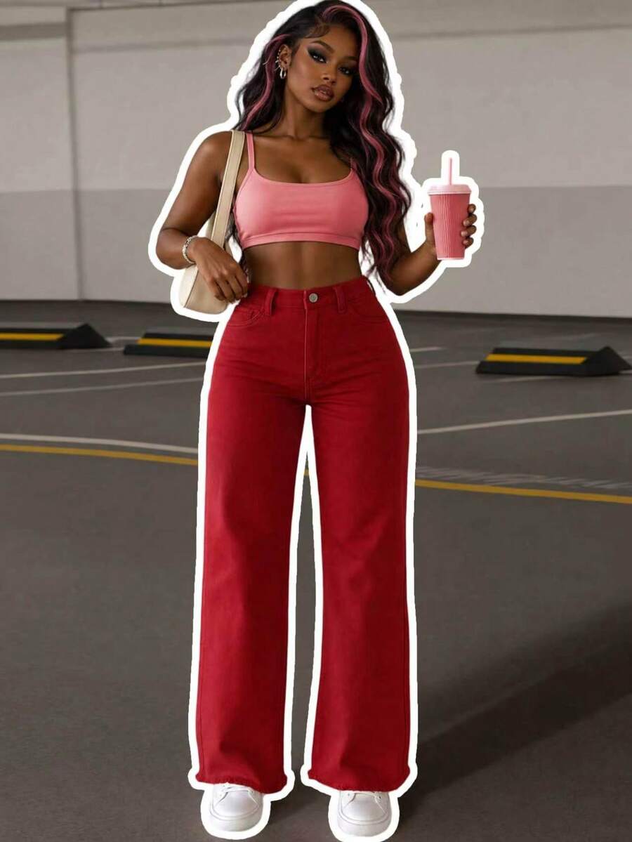 Plus Size Red Denim Straight Leg Pants With Pockets Non-Stretch Fabric Casual - Red - View 1