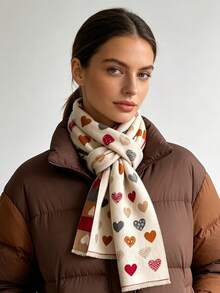 1pc Mixed‑Pattern Heart Jacquard Thick Scarf 65*180cm, Polyester Faux Cashmere Fall Winter Shawl For Travel Party Outing Wear As Scarf Shawl Head Wrap - Multicolor - View 12