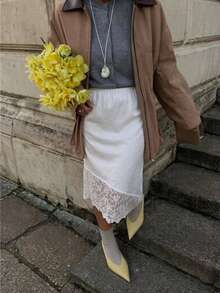 Elegant Lace Patchwork Solid Color Satin Skirt - White - View 3