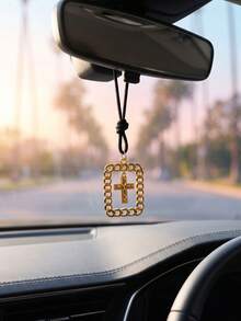 1pc Vintage Gold Cross Car Rearview Mirror Hanging Ornament, Suitable For Most Car Models Or As A Holiday Gift - A - View 2