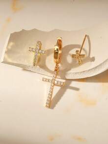 Nooxian 1 Set Gold Rhinestone Cross Earrings 3pcs Set Full Rhinestone Cross Studs + Cross Ear Cuffs + Cross Pendant Hoop Earrings Cool Layered Earring Set - Yellow Gold - View 3