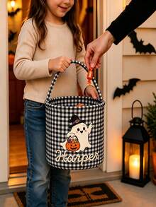 Personalized Plaid Halloween Basket, Customized Halloween Trick Or Treat Bag - Multicolor - View 6