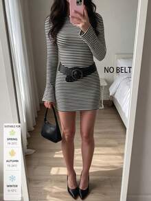 SUNSTORY Women's Autumn Black & White Striped Round Neck Flared Long Sleeve Fitted Bodycon Mini Skirt, Suitable For Commuting, Outings, Dating, Parties, Halloween Occasions - Black and White - View 7