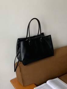 Women Solid Soft Faux Leather Tote Bag,Long Top Handles Side Tassel, Large Capacity With Inner Zip Pocket,Minimalist Elegant All-Season Office Commute - Black - View 10