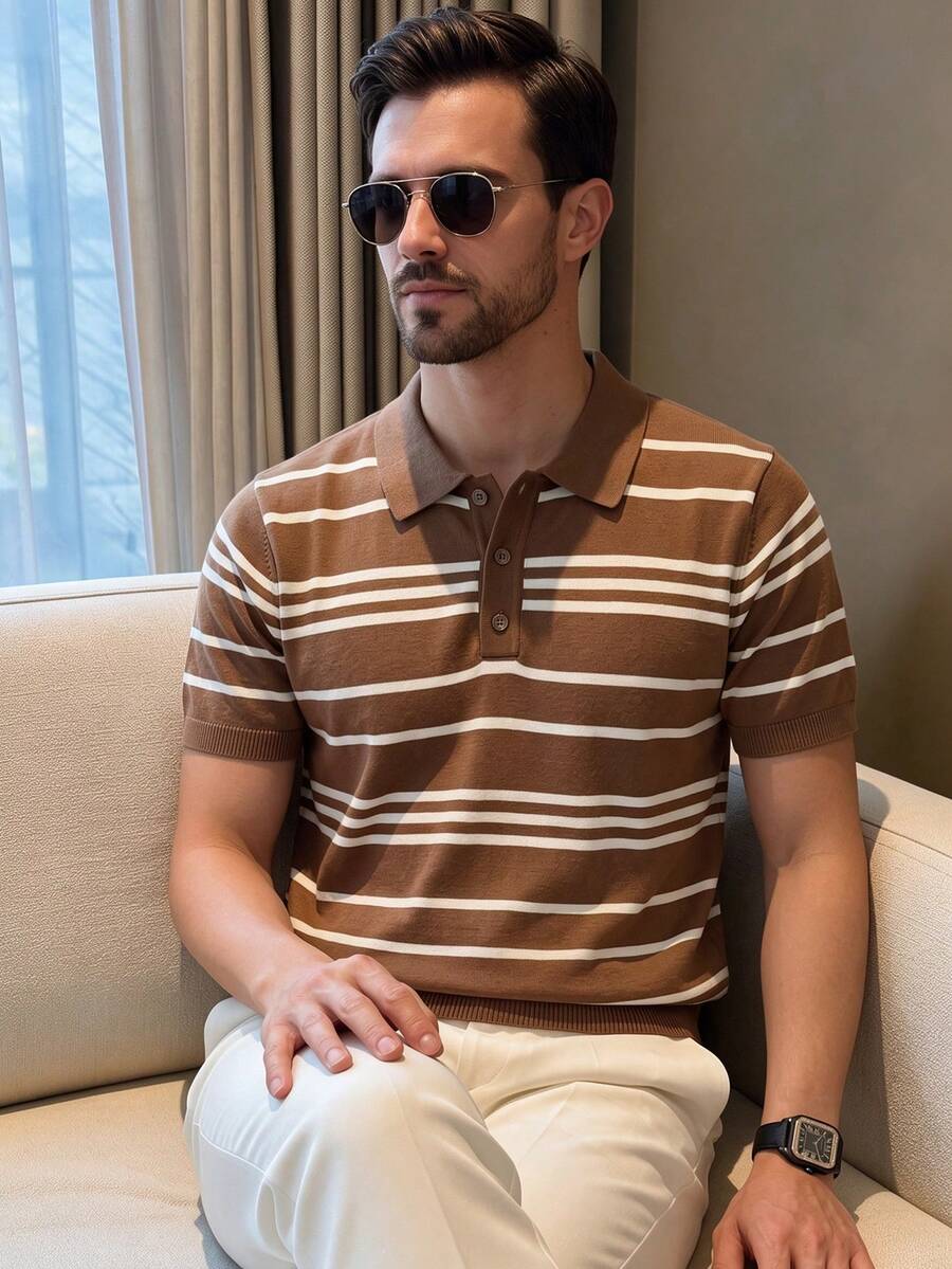 ALTZTAR Men's Striped Short Sleeve Knit Polo Shirt - Brown - View 1