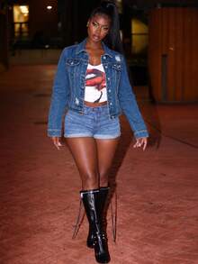 Classic Denim Jacket Cutout Design Vintage Wash Statement Button Style - Dark Wash - View 1
