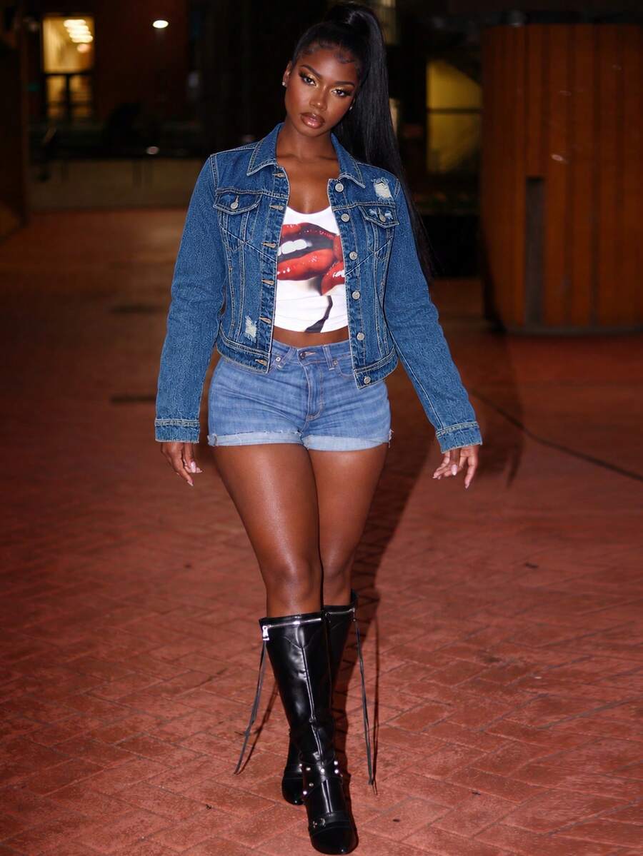 Classic Denim Jacket Cutout Design Vintage Wash Statement Button Style - Dark Wash - View 1