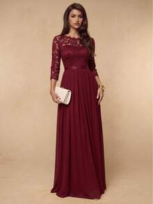 Vestido elegante de encaje floral para mujer,Vestido de fiesta de manga larga de chiffon de cuello redondo,Vestidos de mujer - Color caoba - Ver 5