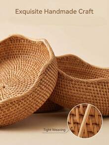 Handwoven Brown Round Rattan Storage Basket, Multi-Size UFO Shaped Fruit Bowl, Washable Desktop Organizer For Living Room, Kitchen, Office, Party Table Serving Tray For Candy, Snacks, Coffee & Bread, Jewelry, Stationery & Cosmetics, Christmas Gift - Yellow - View 6