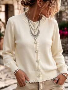 BYGOUBY Jaket Sweater Lembut Lengan Panjang Bertepi Bergelombang dengan Hiasan Renda untuk Wanita Musim Gugur/Dingin - Aprikot - View 5