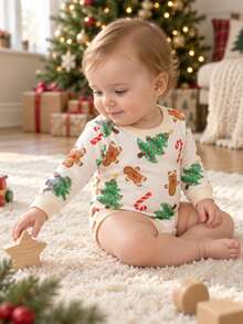 Infant Holiday Atmosphere Bodysuit, Cute Christmas Pattern Round Neck Long Sleeve Snap Closure Romper - Apricot - View 2