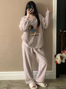 Cartoon Dog Embroidery Flannel Pajama Set, Long Sleeve Top & Wide Leg Pants Loungewear, Winter Clothes For Women, Cozy Warm Sleepwear,Outfit Vacation - Mauve Purple - View 1