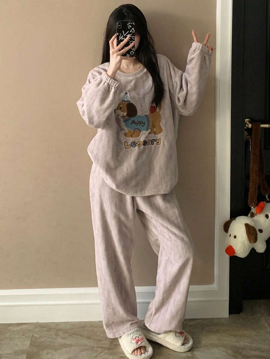 Cartoon Dog Embroidery Flannel Pajama Set, Long Sleeve Top & Wide Leg Pants Loungewear, Winter Clothes For Women, Cozy Warm Sleepwear,Outfit Vacation - Mauve Purple - View 1