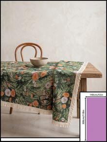 1pc Green Background Vintage Autumn Dandelion Jacquard Tablecloth, Natural Rustic Style Jacquard Fabric Square Beige Tassel Edge Detail Stain-Resistant Protective Desktop Functional Home Dining Table Cloth Suitable For Daily Home Use And Natural Table Setting Scenes - Green - View 11