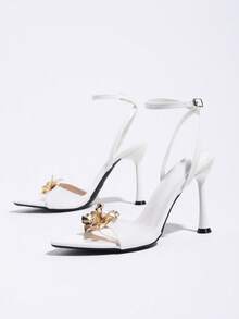 Women's Pointed Toe Elegant Metal Flower Decor High Heel Sandals, With Buckle, No Back Strap, Suitable For Daily Wear, Party, Banquet, Wedding, Versatile White Shoes - White - View 5