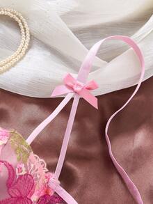 1 Set Of 2-Piece Women's Pink Embroidered Floral Everyday Lingerie Set, Featuring A Semi-Transparent, Comfortable, And Elegant Short Top With A Thong - Pink - View 4