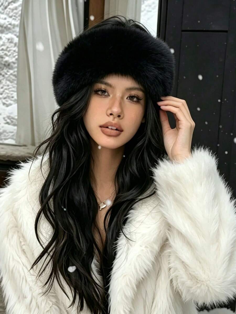 秋冬新款女款純色毛絨保暖髮箍,時尚戶外運動滑雪髮箍,新年禮物 - 黑色 - 查看 1