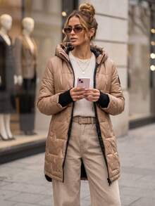 Women's Long Quilted Hooded Jacket With Zip Front And Two Side Pockets - Beige - View 4